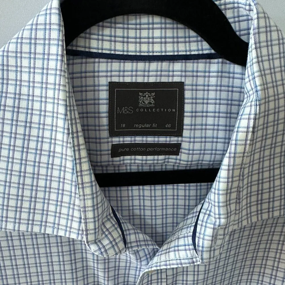 Marks & Spencer Blue, Purple & White Checked Men's Dress Shirt 100% Cotton - Picture 2 of 14